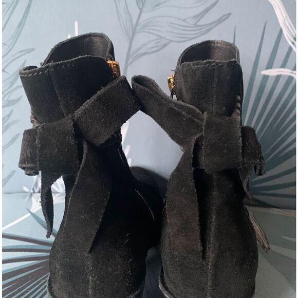 UGG Fraise Whipstitch Bow Black Suede Ankle Heel Bootie Boot Sz 7 - Picture 3 of 10